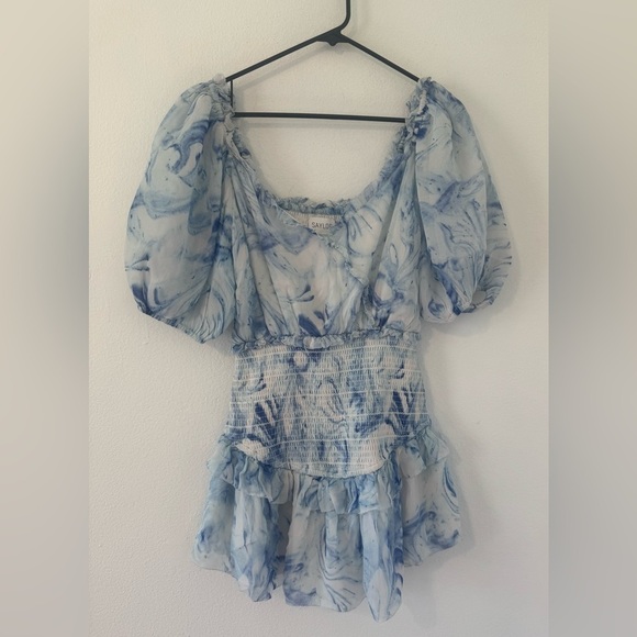 SAYLOR Dresses & Skirts - Saylor Violette Mini Dress Ultramarine Puff Sleeves Smocked Tiered Ruffle Small